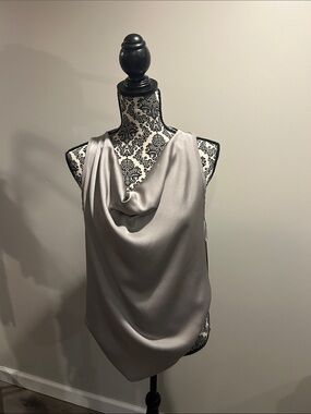 Last Tango Draped Cowl Neck Satin Top - Silver